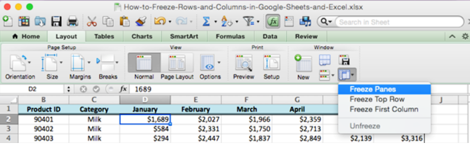 freeze one row of cells in excel for mac